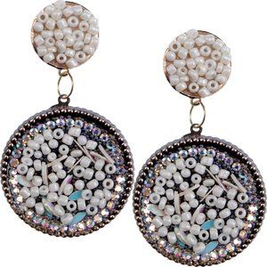 White Seed Bead Round Flat Disc Earrings